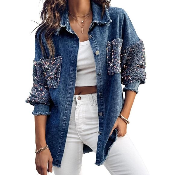 Jackets & Blazers - Women's Casual Denim Jacket Contrast Sequin Long Sleeve Denim Jackets Blue